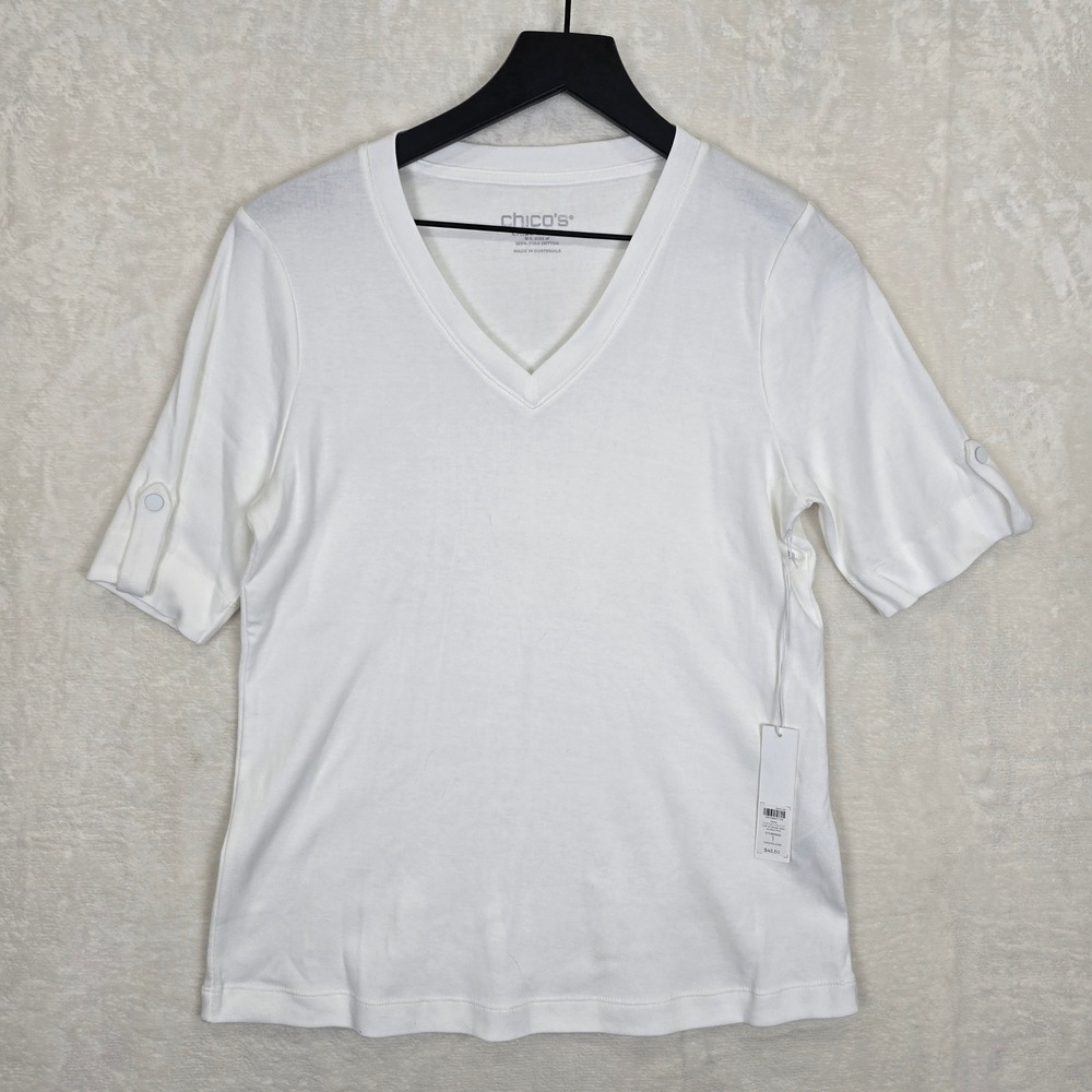 NWT Chicos Pima Cotton Everyday V-Neck Tee Alabaster White short Sleeve Size 1 M